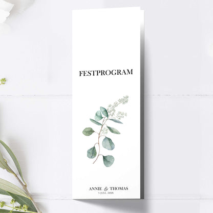 Festprogram till bröllop – Eucalyptus Elegant – Avlångt tryckt programkort 10,5×29,7 cm BR005