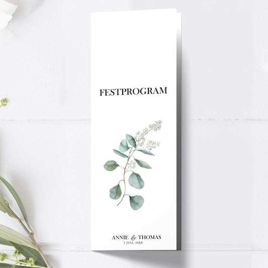 Festprogram till bröllop – Eucalyptus Elegant – Avlångt tryckt programkort 10,5×29,7 cm BR005