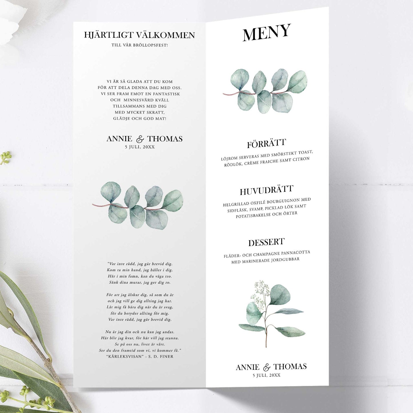 Festprogram till bröllop – Eucalyptus Elegant – Avlångt tryckt programkort 10,5×29,7 cm BR005