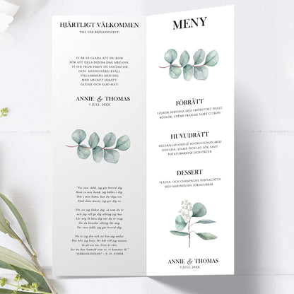Festprogram till bröllop – Eucalyptus Elegant – Avlångt tryckt programkort 10,5×29,7 cm BR005