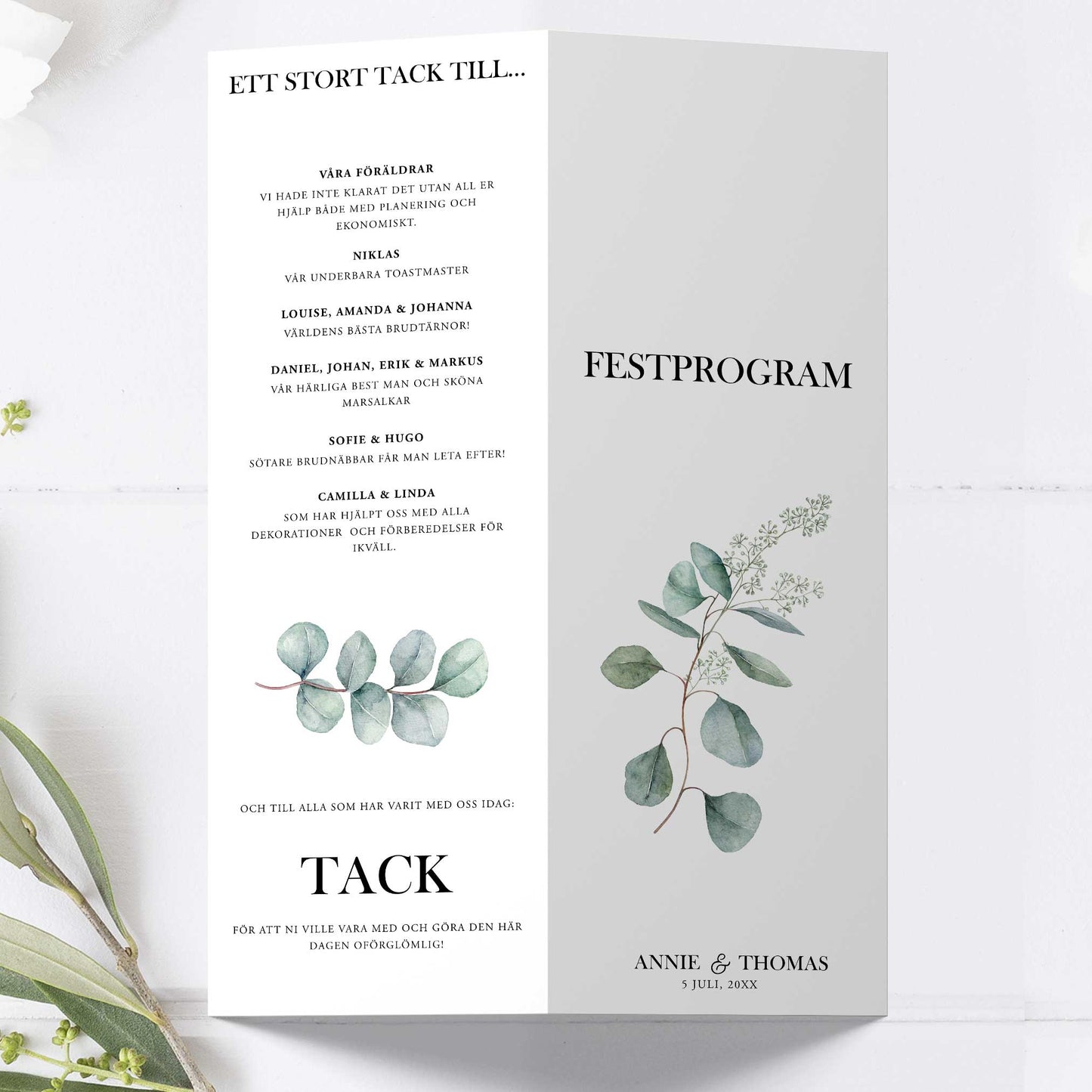 Festprogram till bröllop – Eucalyptus Elegant – Avlångt tryckt programkort 10,5×29,7 cm BR005