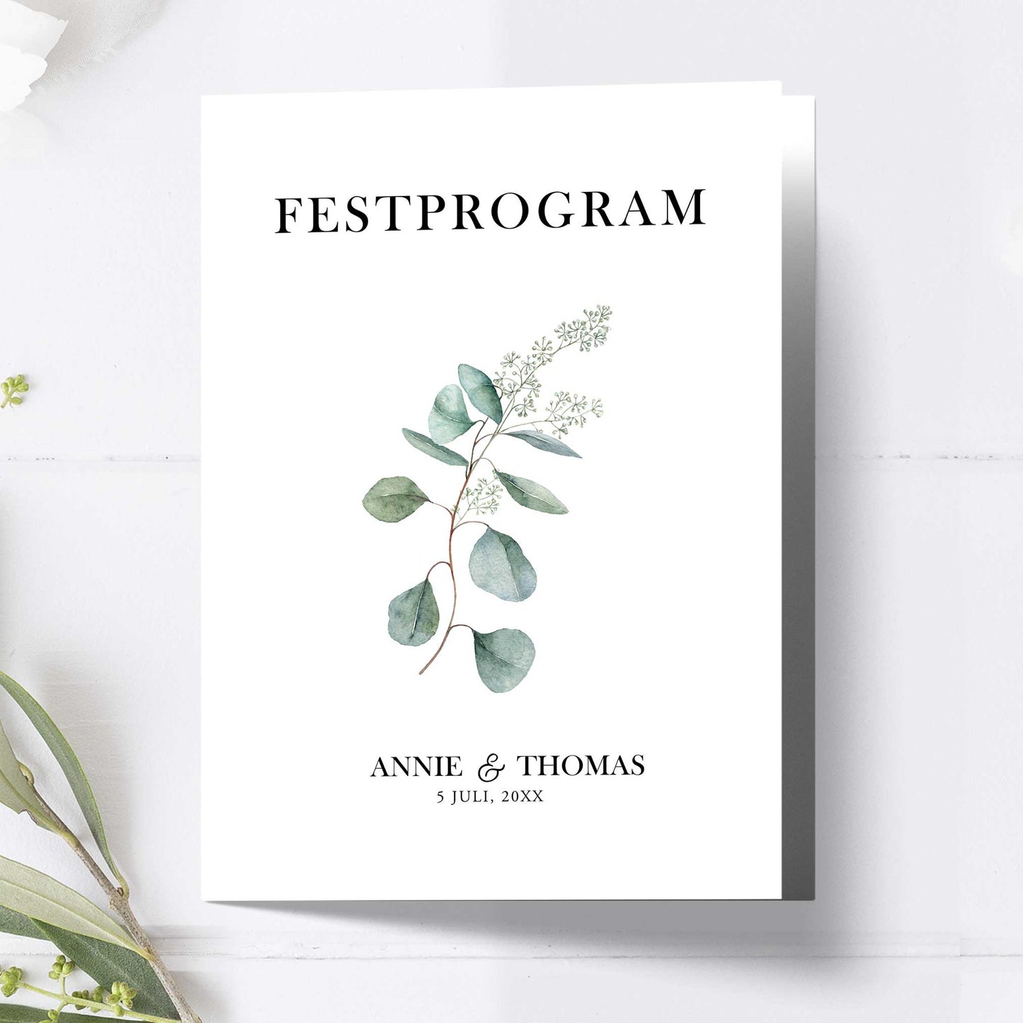 Festprogram litet, till bröllop – Eucalyptus Elegant – Tryckt programkort 12,7x17,7 cm BR005