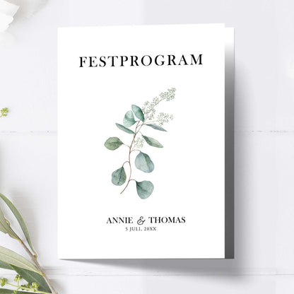 Festprogram litet, till bröllop – Eucalyptus Elegant – Tryckt programkort 12,7x17,7 cm BR005