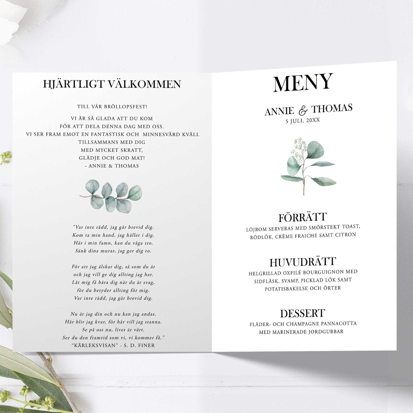 Festprogram litet, till bröllop – Eucalyptus Elegant – Tryckt programkort 12,7x17,7 cm BR005