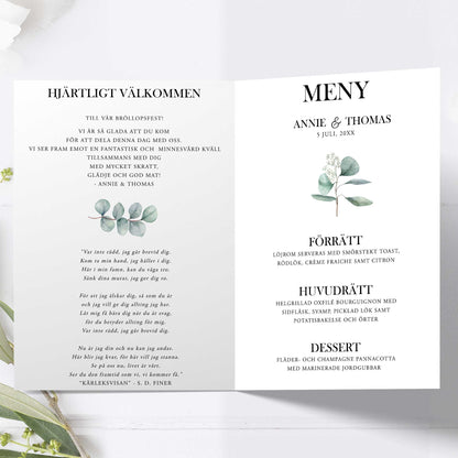 Festprogram litet, till bröllop – Eucalyptus Elegant – Tryckt programkort 12,7x17,7 cm BR005