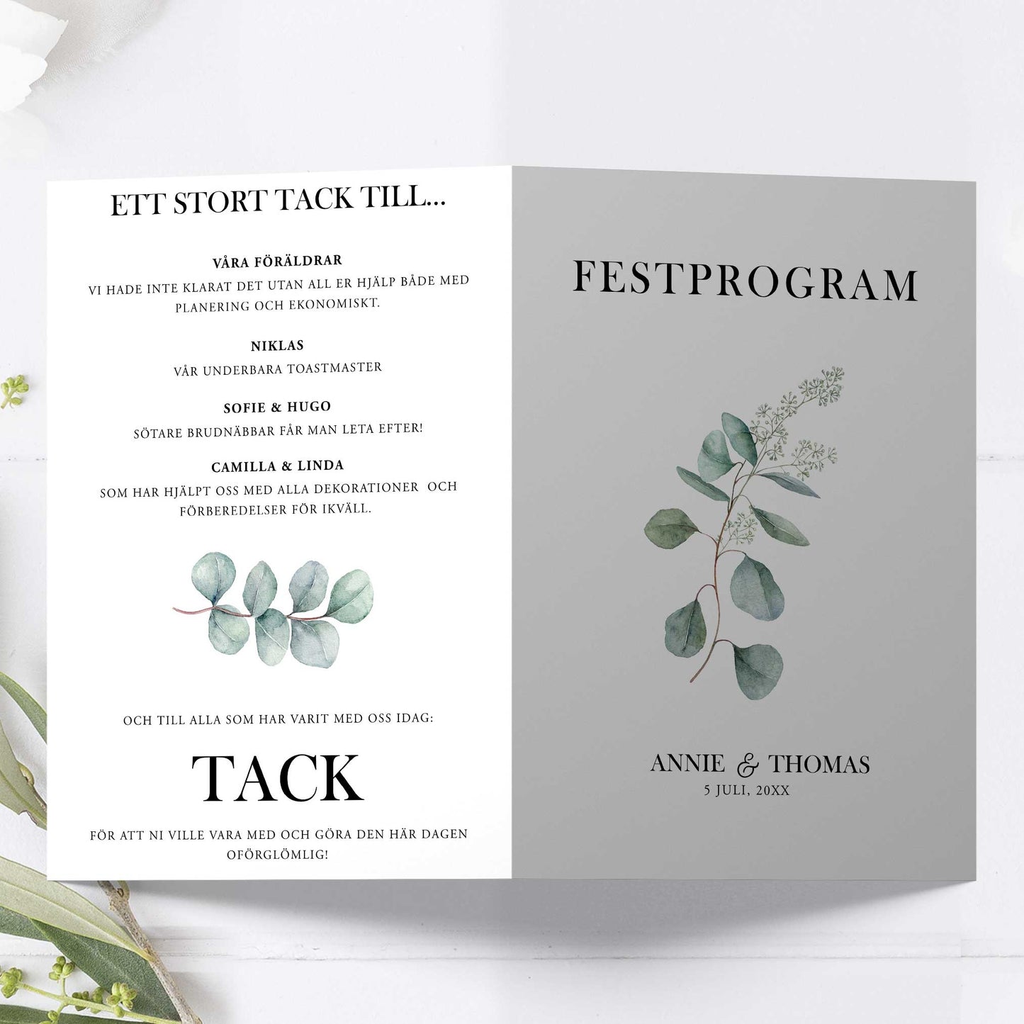 Festprogram litet, till bröllop – Eucalyptus Elegant – Tryckt programkort 12,7x17,7 cm BR005
