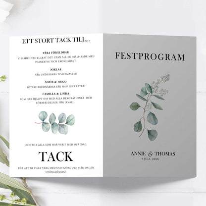 Festprogram litet, till bröllop – Eucalyptus Elegant – Tryckt programkort 12,7x17,7 cm BR005