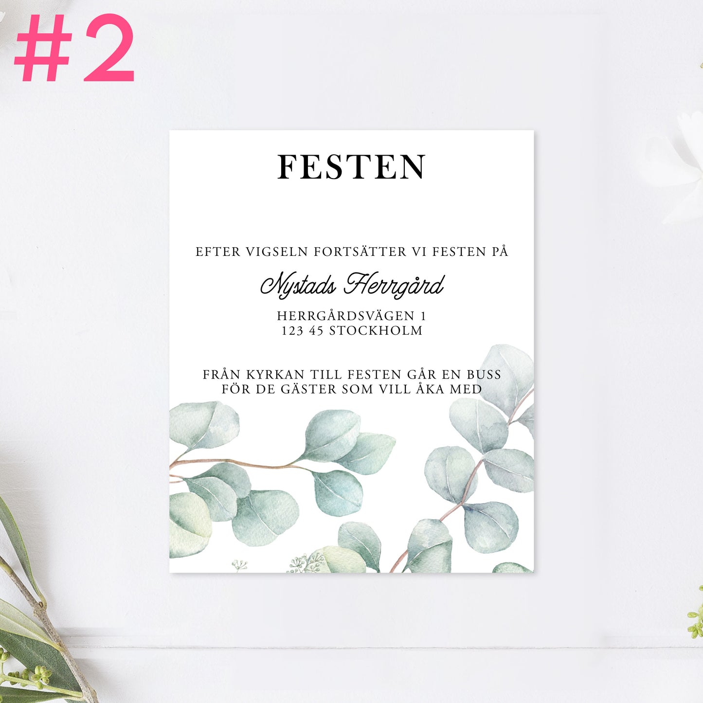 BR005-2 - Festinformation - Eucalyptus Elegant - Tryckt bröllopskort