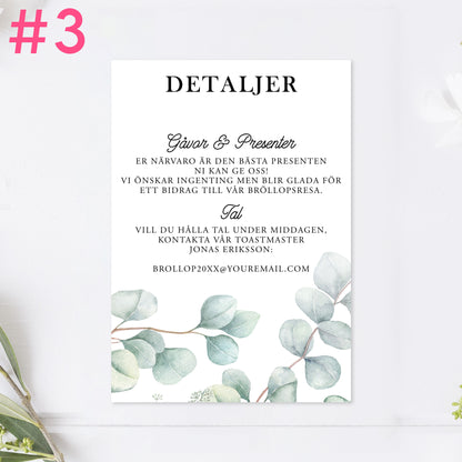 BR005-3 - Informationskort - Eucalyptus Elegant - Tryckt bröllopskort