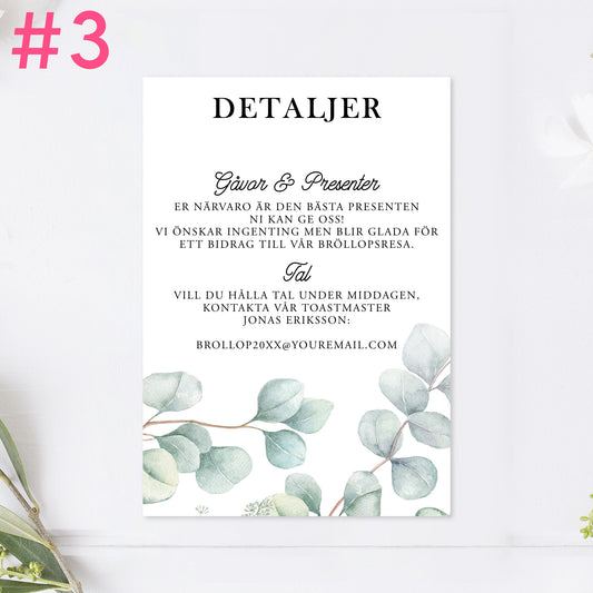 BR005-3 - Informationskort - Eucalyptus Elegant - Tryckt bröllopskort