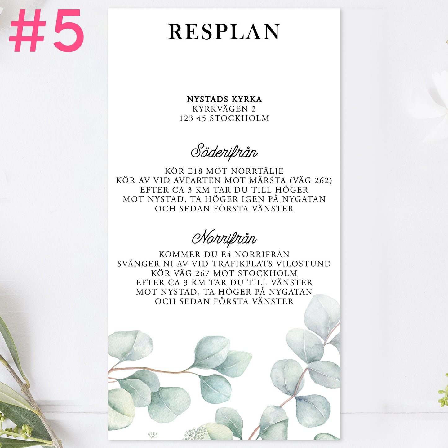 BR005-5 - Vägbeskrivning - Eucalyptus Elegant - Tryckt bröllopskort