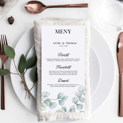 Menykort till bröllop – Eucalyptus Elegant – Tryckt kort för bröllopsmeny BR005