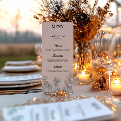 Menykort till bröllop – Eucalyptus Elegant – Tryckt kort för bröllopsmeny BR005