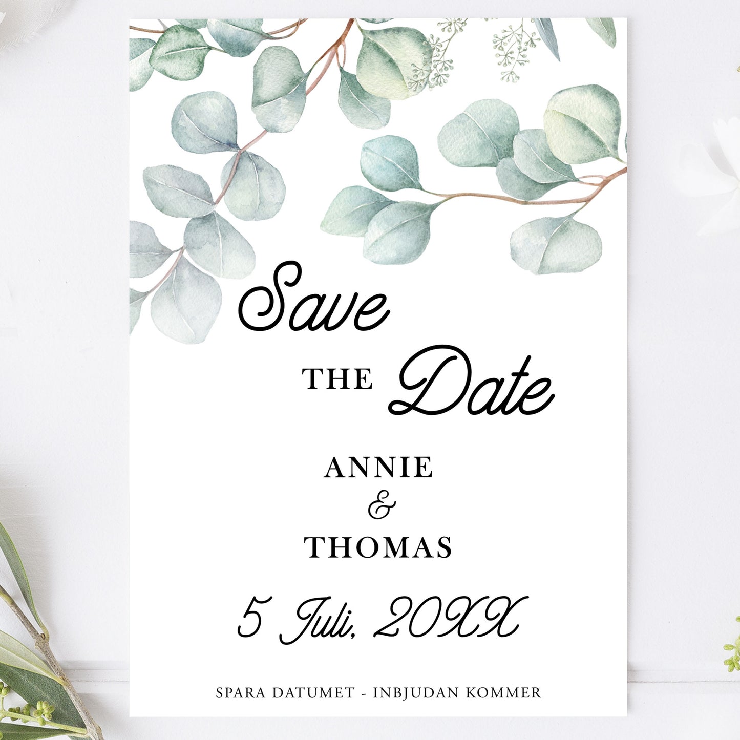 Save the Date-kort – Eucalyptus Elegant - A6 Tryckt kort för bröllopsdatum BR005