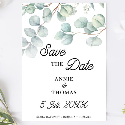 Save the Date-kort – Eucalyptus Elegant - A6 Tryckt kort för bröllopsdatum BR005