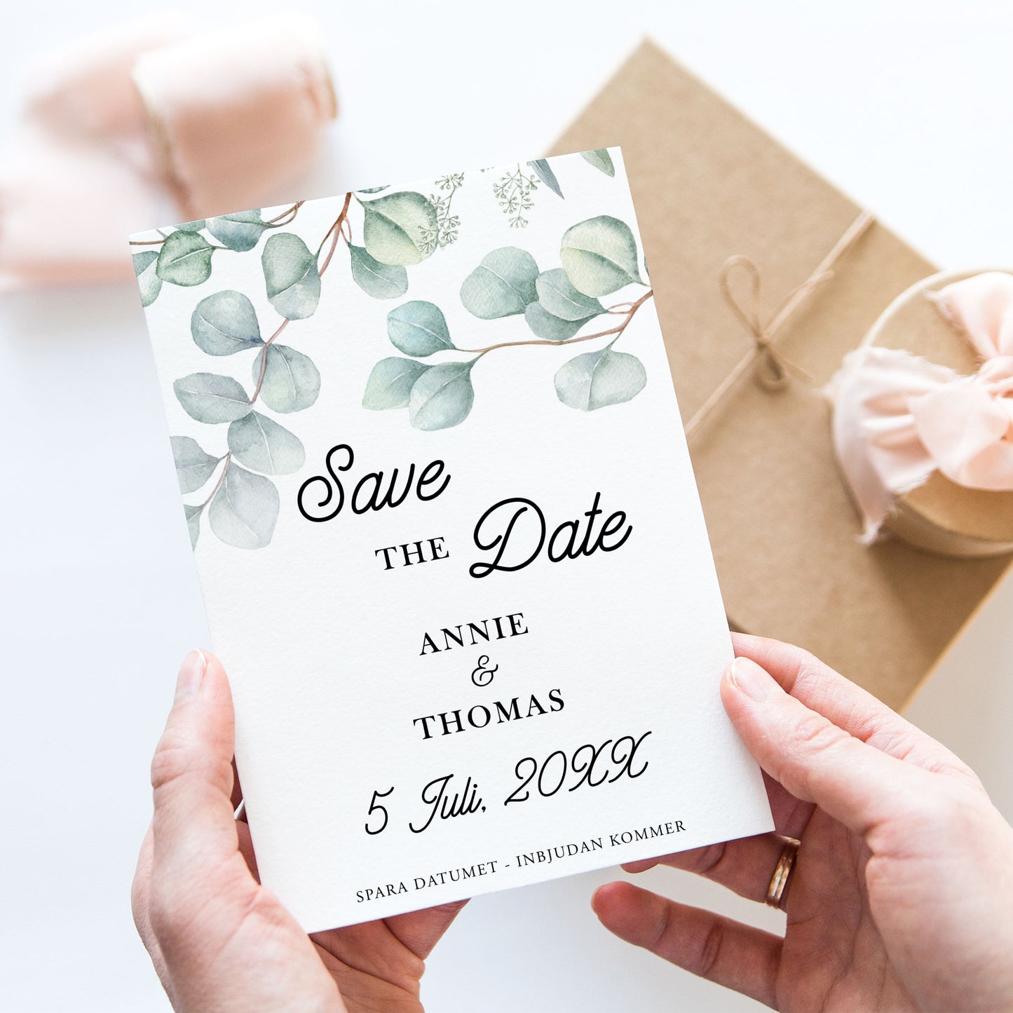 Save the Date-kort – Eucalyptus Elegant - A6 Tryckt kort för bröllopsdatum BR005