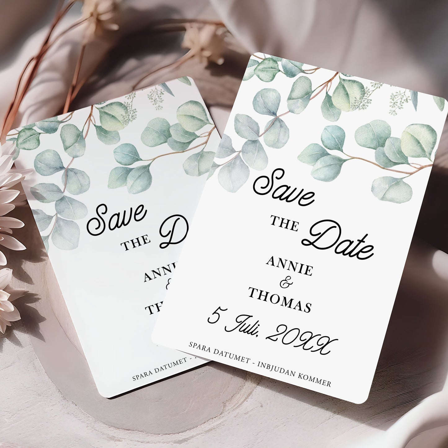 Save the Date-kort – Eucalyptus Elegant - A6 Tryckt kort för bröllopsdatum BR005