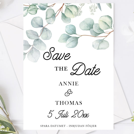 Save the Date kort – Eucalyptus Elegant - A6 Tryckt kort för bröllopsdatum BR005