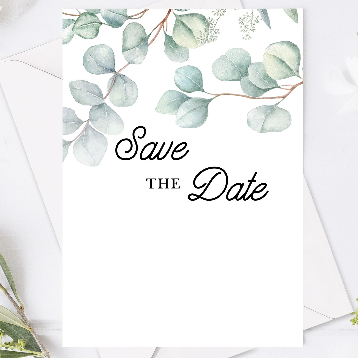 Save the Date kort – Eucalyptus Elegant - A6 Tryckt kort för bröllopsdatum BR005