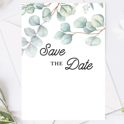 Save the Date kort – Eucalyptus Elegant - A6 Tryckt kort för bröllopsdatum BR005