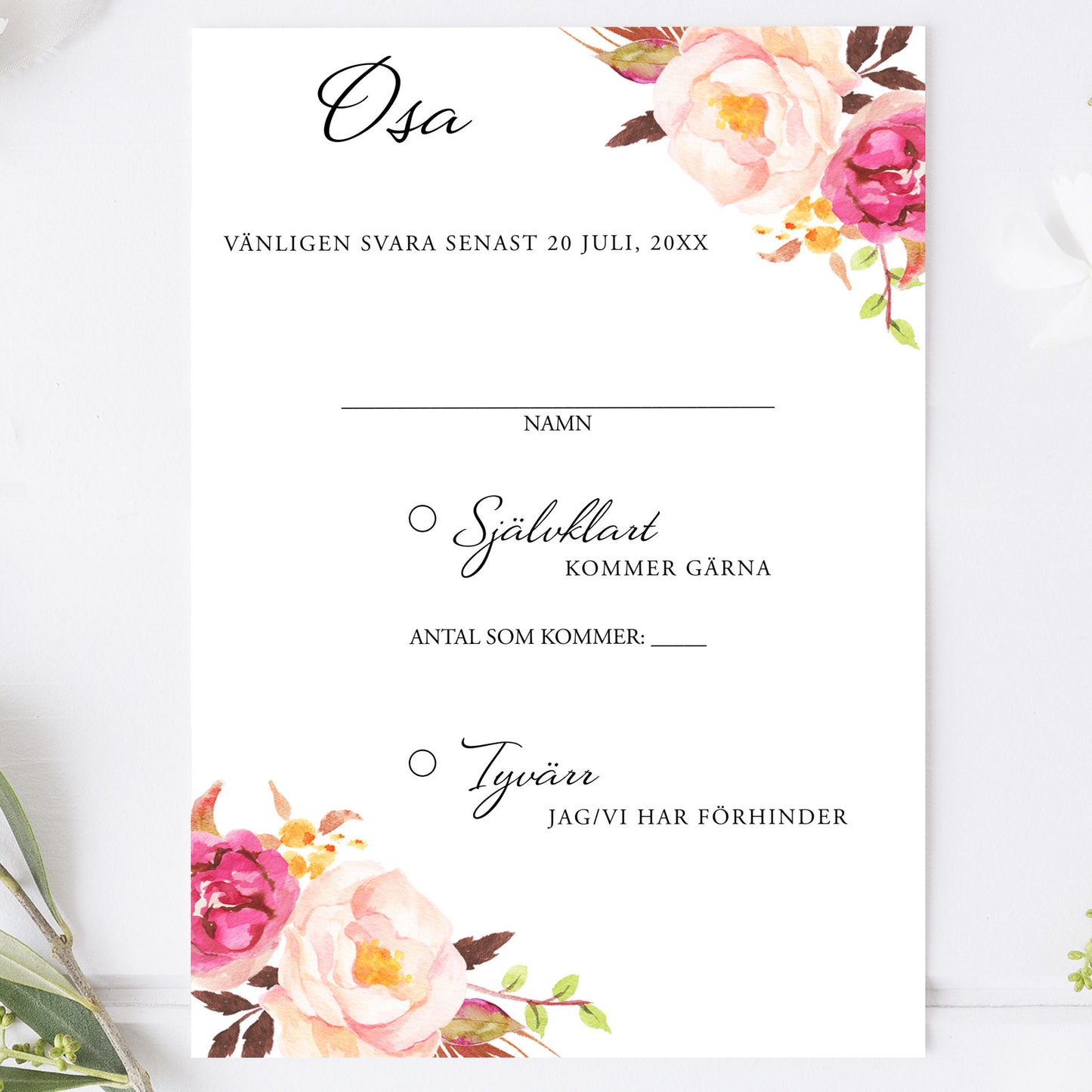 OSA-kort med kuvert (8 färger) – A6 Peach & Blush blommigt, somrigt – Bröllopskort BR006