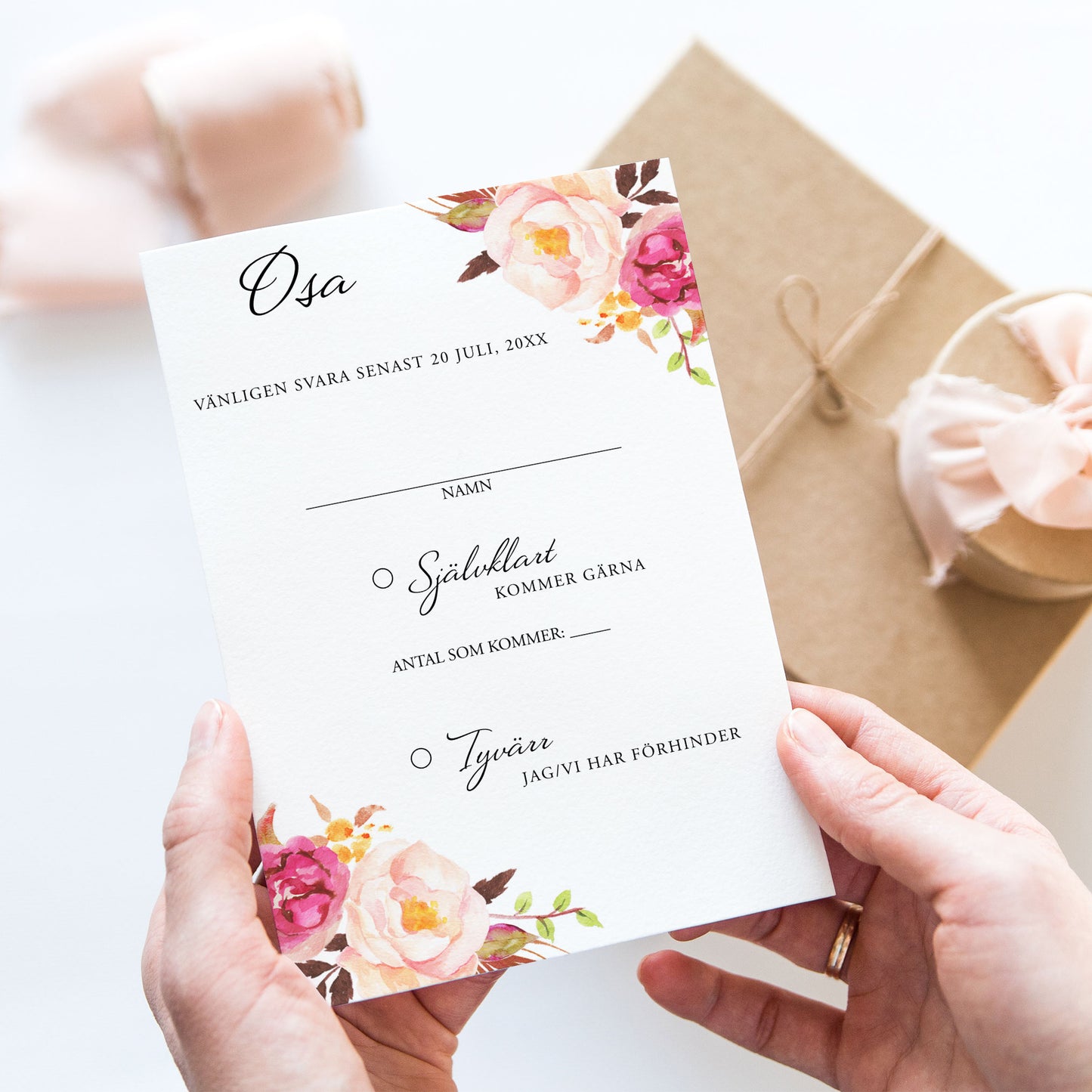 OSA-kort med kuvert (8 färger) – A6 Peach & Blush blommigt, somrigt – Bröllopskort BR006