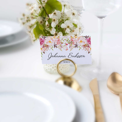 Enkla placeringskort till bröllop – Peach & Blush Blommig Romantisk Somrig – Tryckt kort med namn för dukning BR006