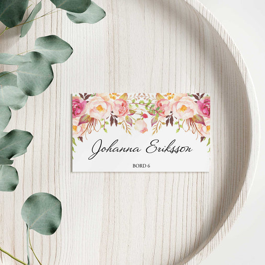 Enkla placeringskort till bröllop – Peach & Blush Blommig Romantisk Somrig – Tryckt kort med namn för dukning BR006