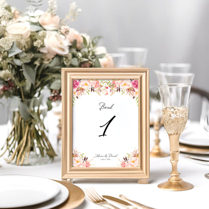 Bordsnummerkort till bröllop – Peach & Blush blommigt, somrigt – Tryckt kort för dukning och bordsplacering BR006