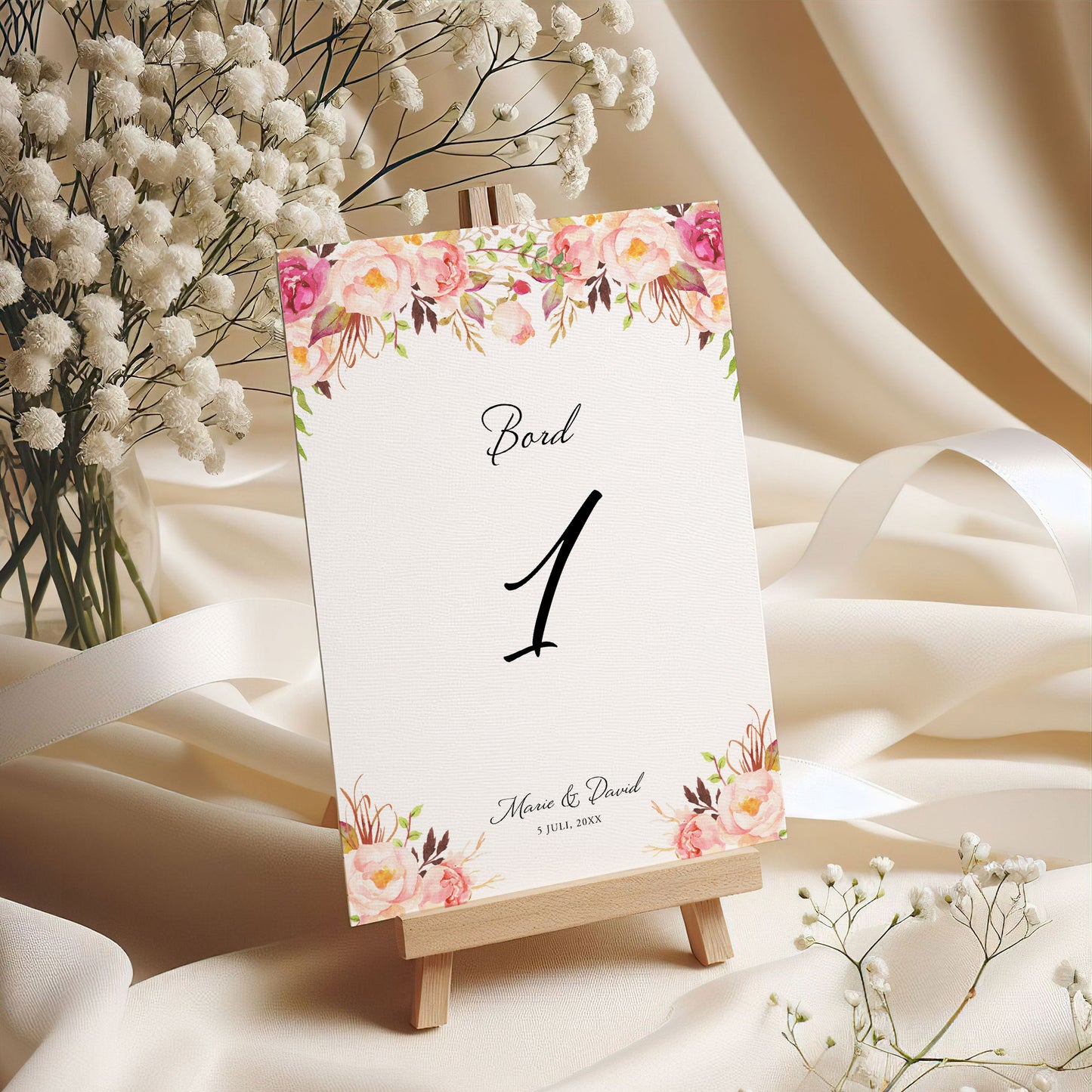 Bordsnummerkort till bröllop – Peach & Blush blommigt, somrigt – Tryckt kort för dukning och bordsplacering BR006