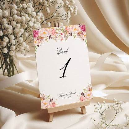 Bordsnummerkort till bröllop – Peach & Blush blommigt, somrigt – Tryckt kort för dukning och bordsplacering BR006