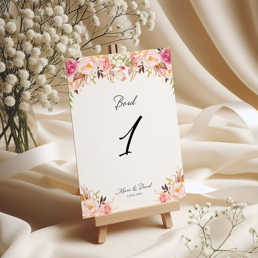 Bordsnummerkort till bröllop – Peach & Blush blommigt, somrigt – Tryckt kort för dukning och bordsplacering BR006