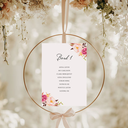 Bordsplaceringskort till bröllop – Peach & Blush Blommig Romantisk Somrig – Titelskylt & bordskort för gäster BR006