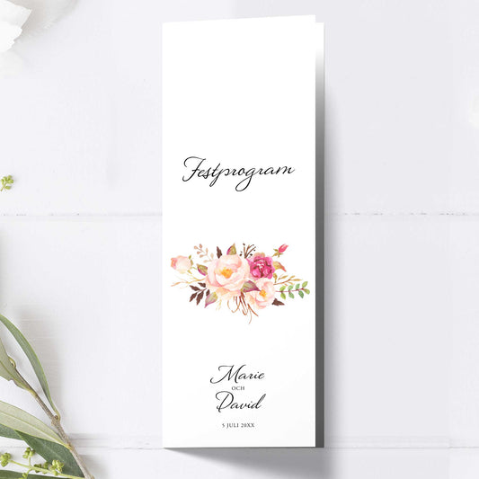 Festprogram till bröllop – Peach & Blush blommigt, somrigt – Avlångt tryckt programkort 10,5×29,7 cm BR006