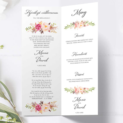 Festprogram till bröllop – Peach & Blush blommigt, somrigt – Avlångt tryckt programkort 10,5×29,7 cm BR006