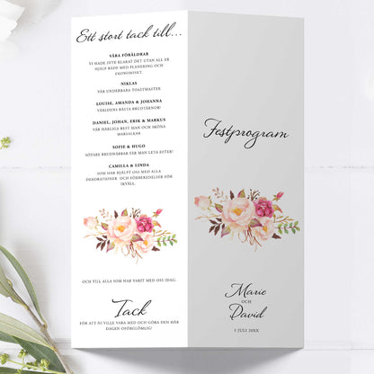 Festprogram till bröllop – Peach & Blush blommigt, somrigt – Avlångt tryckt programkort 10,5×29,7 cm BR006