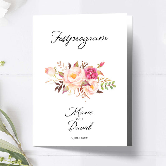 Festprogram litet, till bröllop – Peach & Blush blommigt, somrigt – Tryckt programkort 12,7x17,7 cm BR006