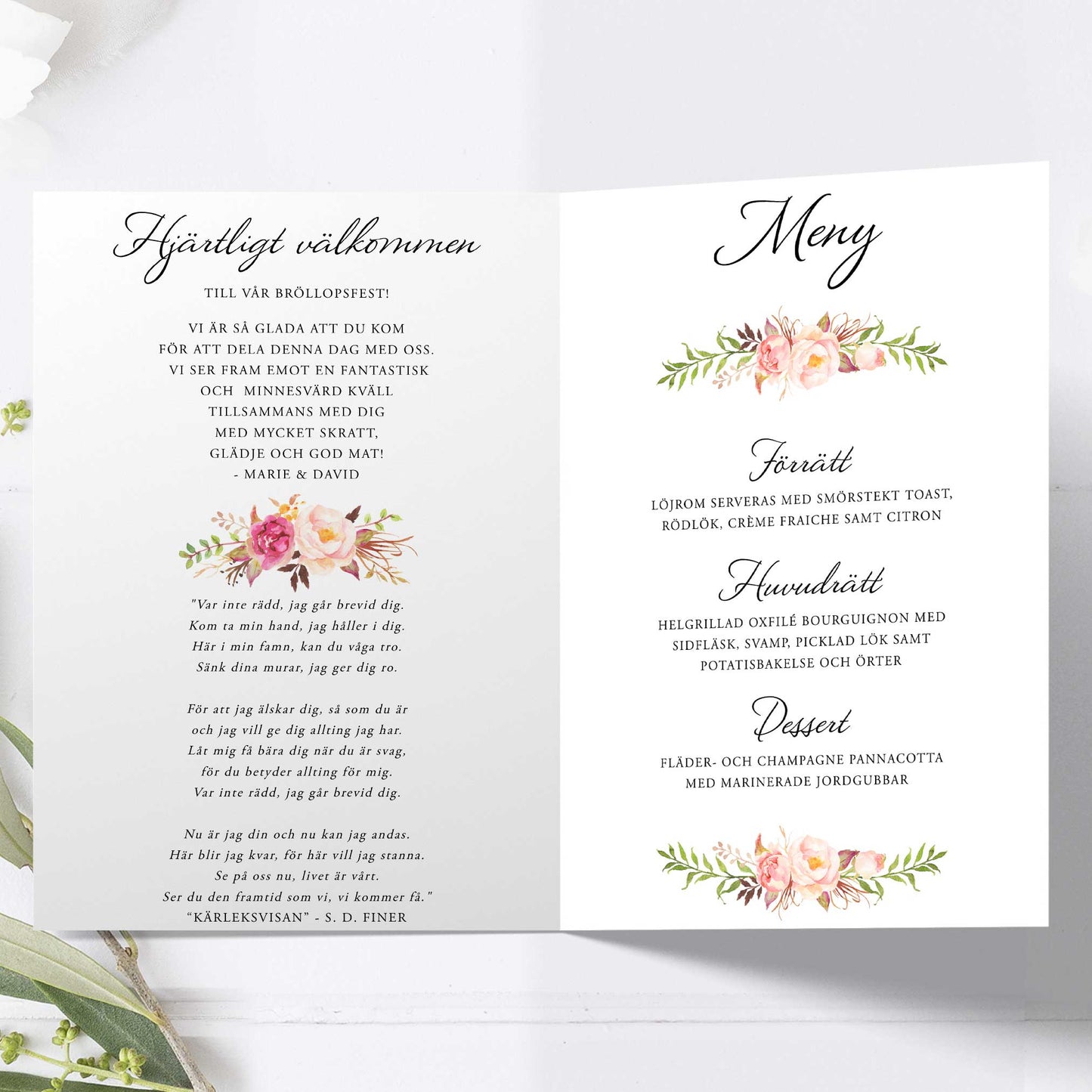 Festprogram litet, till bröllop – Peach & Blush blommigt, somrigt – Tryckt programkort 12,7x17,7 cm BR006