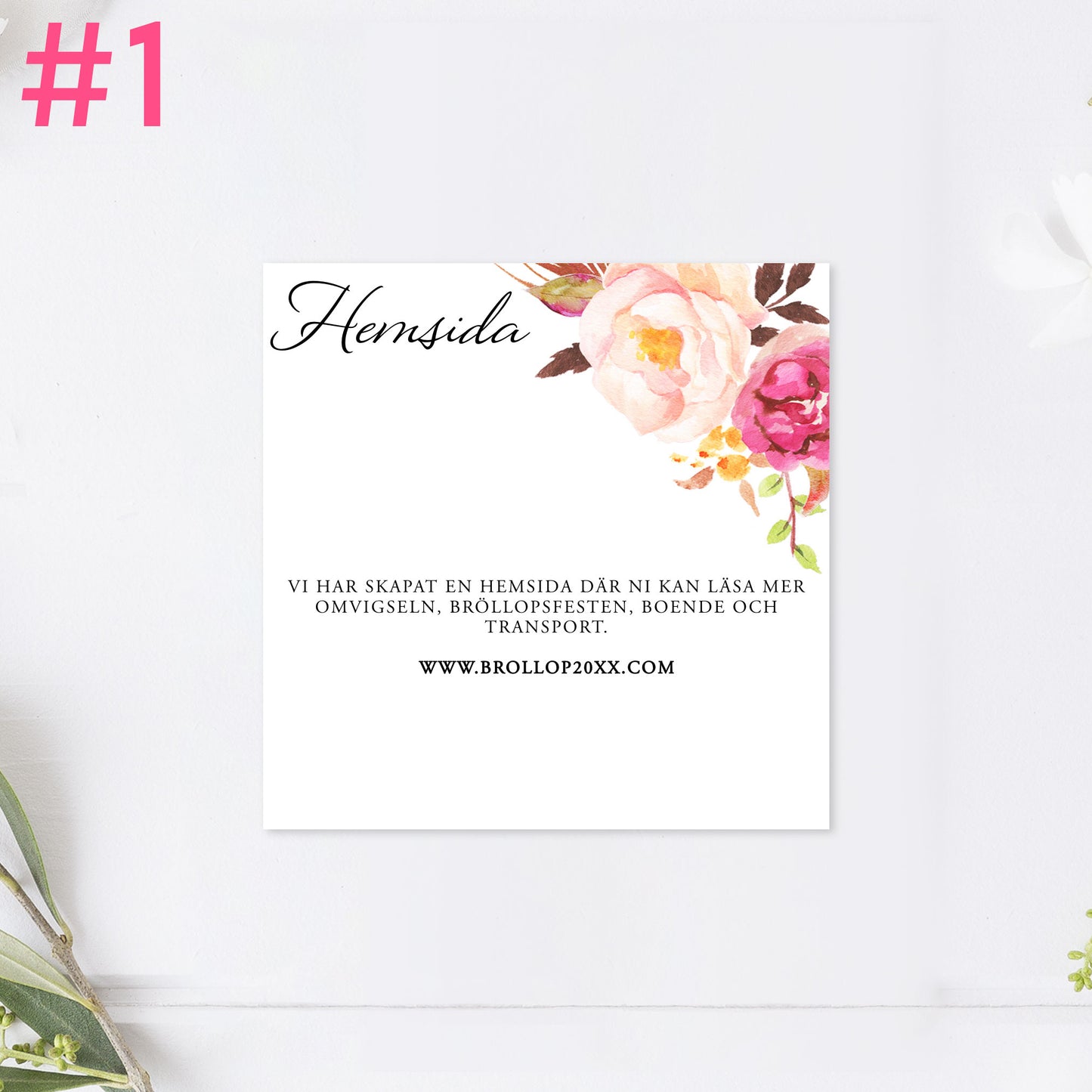 BR006-1 - Bröllopshemsida - Peach & Blush blommigt, somrigt - Tryckt bröllopskort