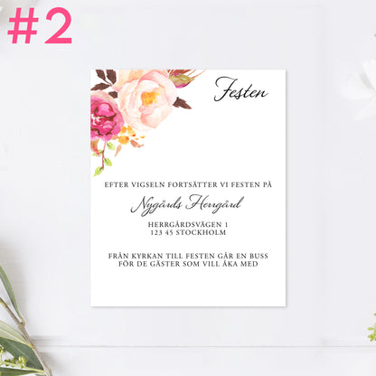 BR006-2 - Festinformation - Peach & Blush blommigt, somrigt - Tryckt bröllopskort