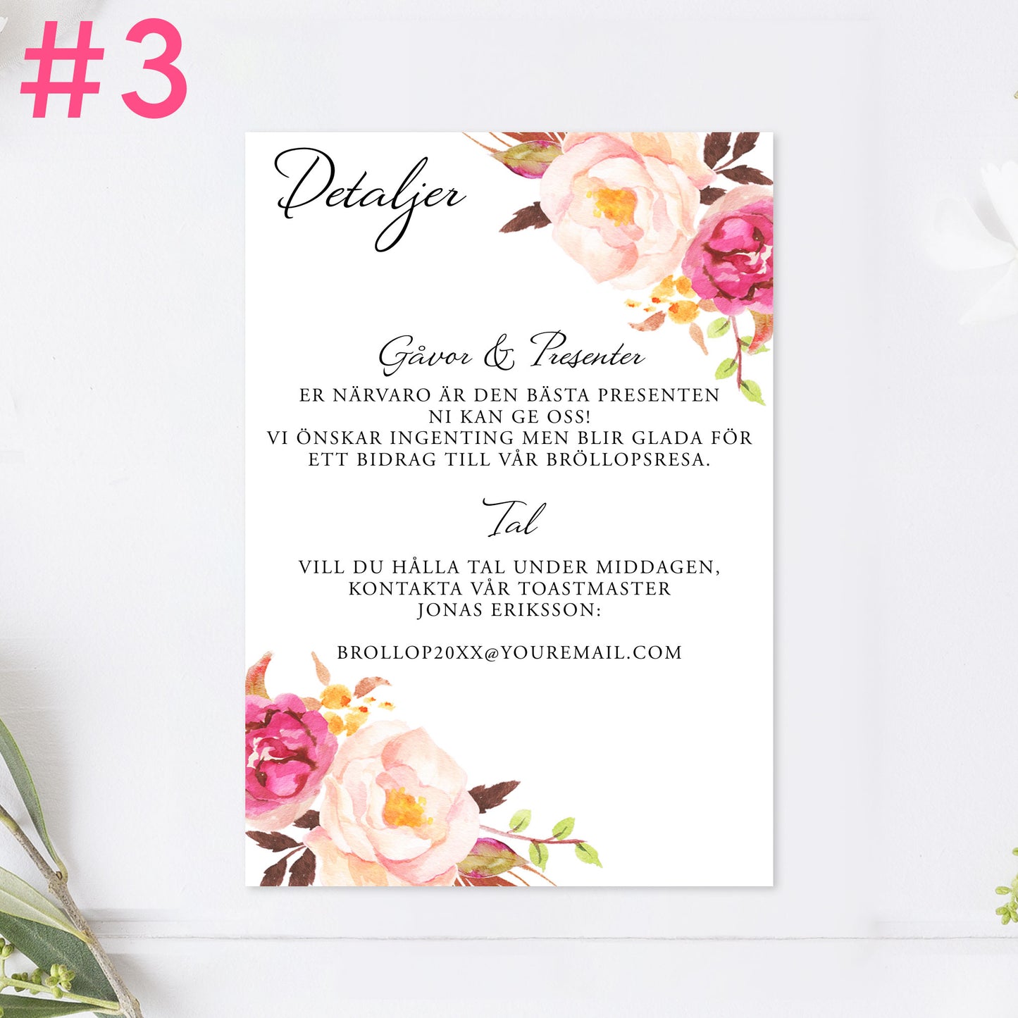 BR006-3 - Informationskort- Peach & Blush blommigt, somrigt - Tryckt bröllopskort