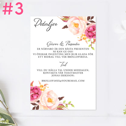 BR006-3 - Informationskort- Peach & Blush blommigt, somrigt - Tryckt bröllopskort