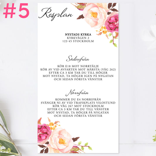 BR006-5 - Vägbeskrivning - Peach & Blush blommigt, somrigt - Tryckt bröllopskort