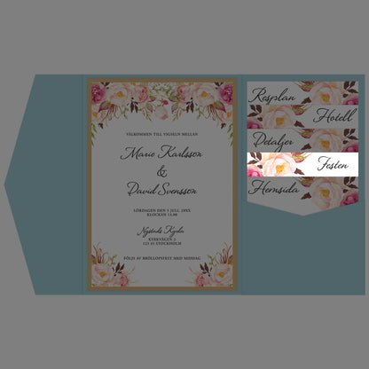 BR006-2 - Festinformation - Peach & Blush blommigt, somrigt - Tryckt bröllopskort