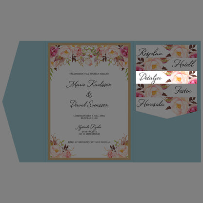 BR006-3 - Informationskort- Peach & Blush blommigt, somrigt - Tryckt bröllopskort