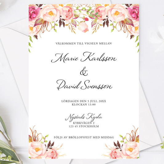 Peach & Blush Blommig Bröllopsinbjudan – Romantisk somrig design – BR006