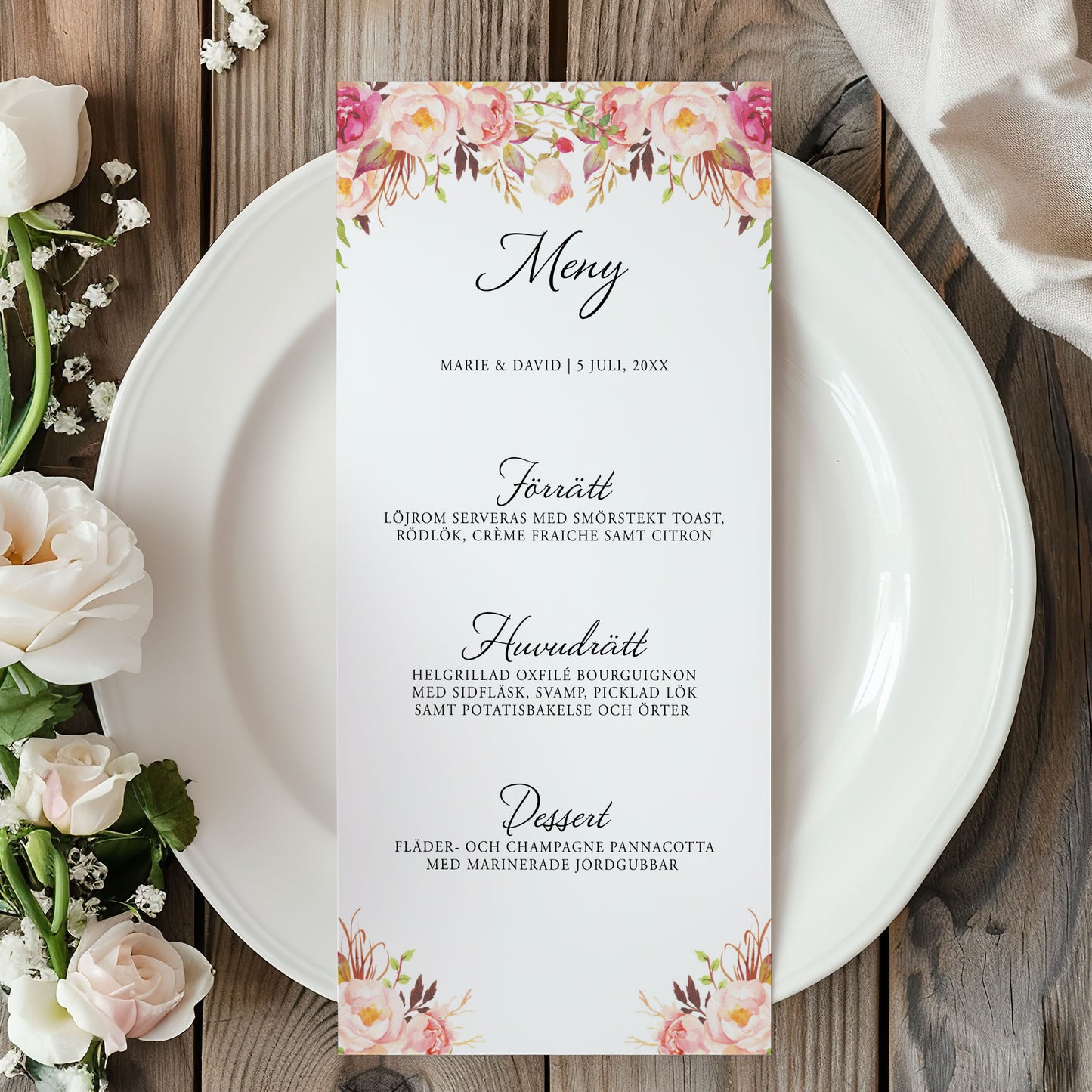 Menykort till bröllop – Peach & Blush Blommig Romantisk Somrig – Tryckt kort för bröllopsmeny BR006