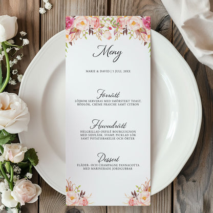 Menykort till bröllop – Peach & Blush Blommig Romantisk Somrig – Tryckt kort för bröllopsmeny BR006
