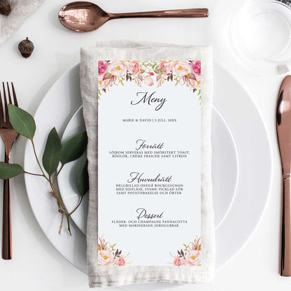 Menykort till bröllop – Peach & Blush Blommig Romantisk Somrig – Tryckt kort för bröllopsmeny BR006