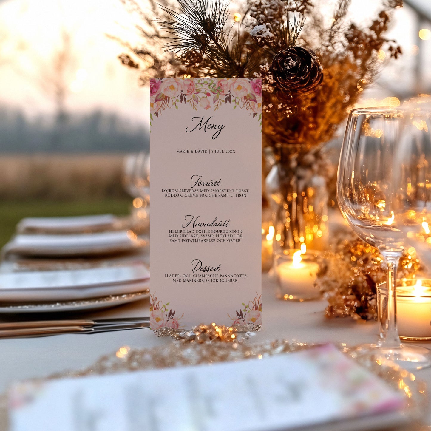 Menykort till bröllop – Peach & Blush Blommig Romantisk Somrig – Tryckt kort för bröllopsmeny BR006